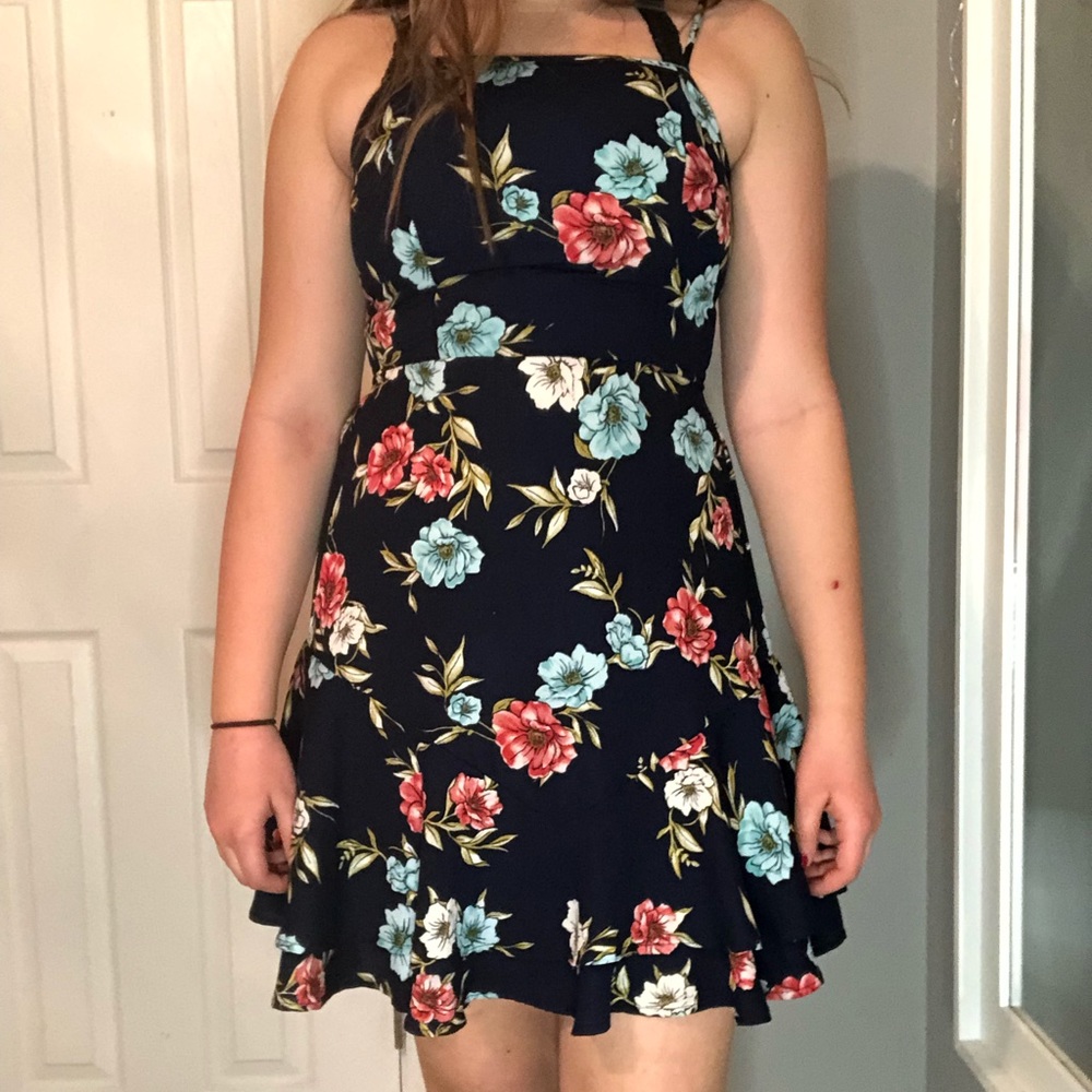 Flowery navy ruffle dress